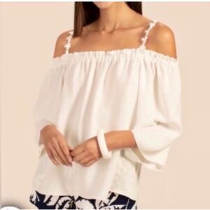 Trina Turk White Off The Shoulder Bell Sleeve Blouse with Floral Lace Straps